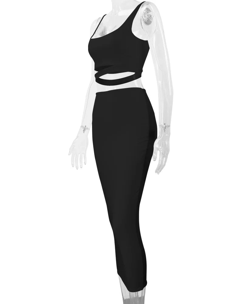 Sexy Pleated Hollow-Out Two-Piece Dress — Elegant Long Night Party Dress