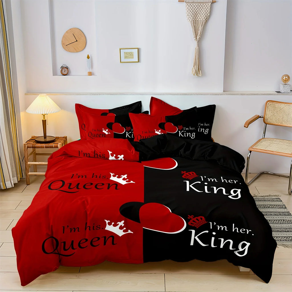 Dark Red & Black Letter Print Bedding Set – 3-Piece Duvet Cover, Queen & King