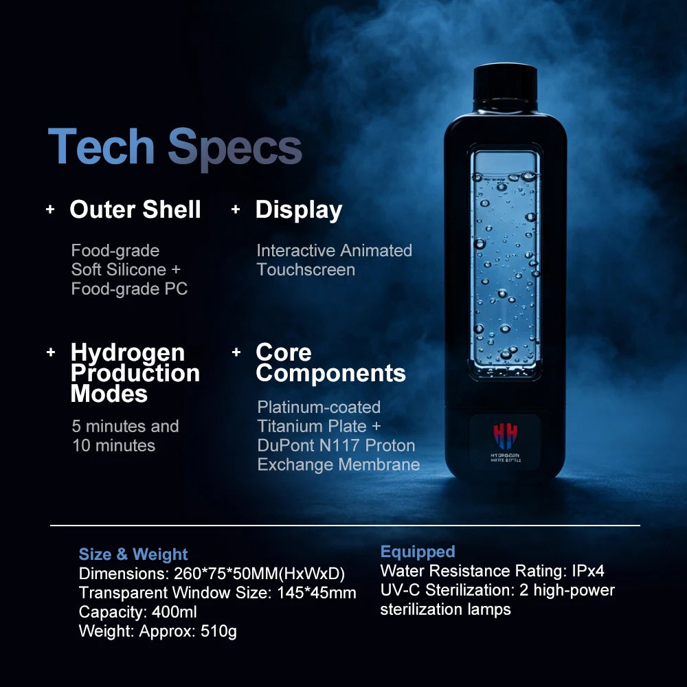 8000ppb Intelligent Hydrogen Water Bottle – SPE/PEM, One-Click UV-C Cleaning, 4500mAh