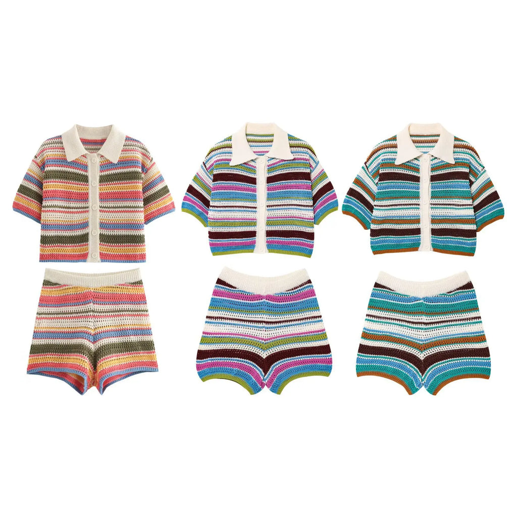 Women's Y2K Crochet Knit Crop Sweater & Shorts Set – Polo Collar Striped Patchwork Hollow Out