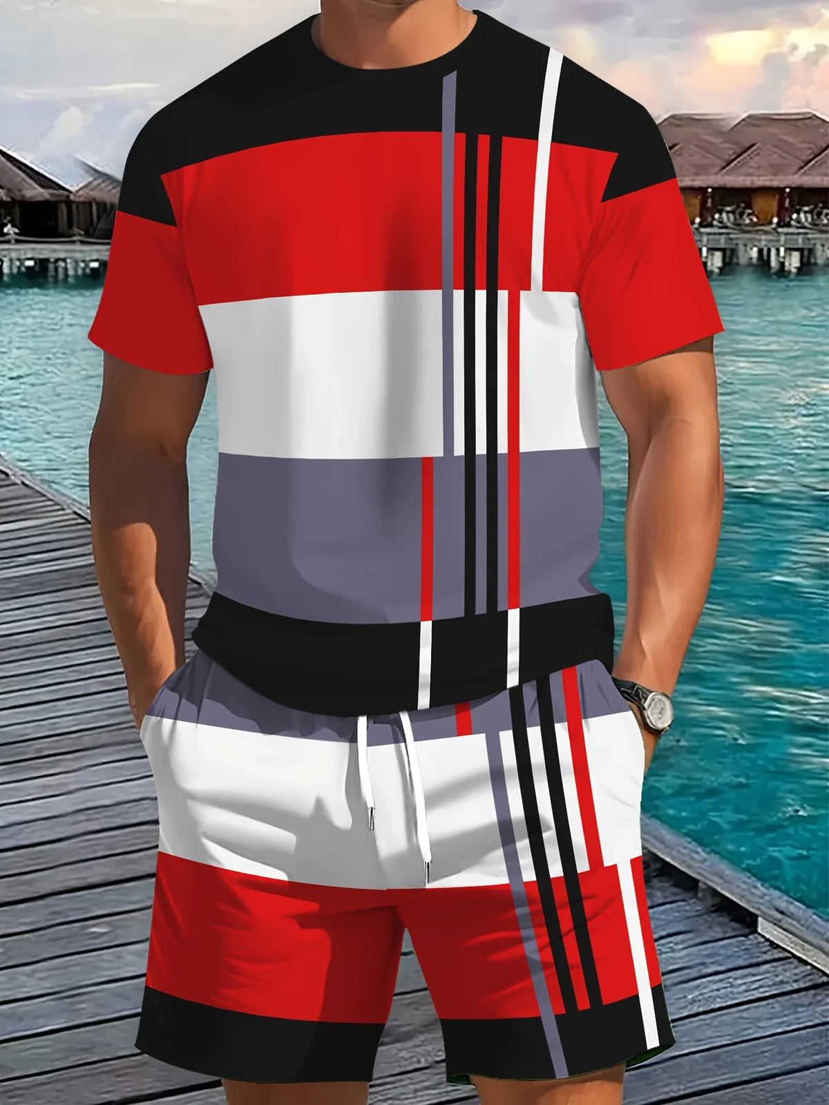 Men's Striped Short Sleeve T-Shirt & Drawstring Shorts Outdoor Travel Set