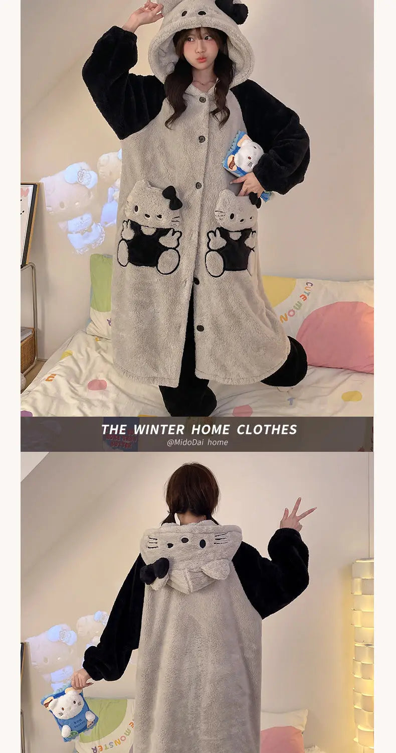 Women's Kawaii Coral Velvet Hooded Pajamas | Thickened Flannel Casual Homewear Suit