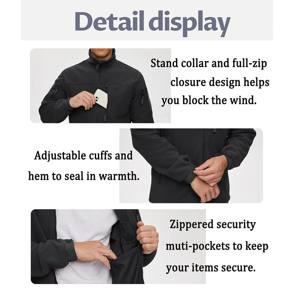 Men's Full Zip Fleece Hiking Windbreaker — Multi-Pocket Outdoor Work Jacket