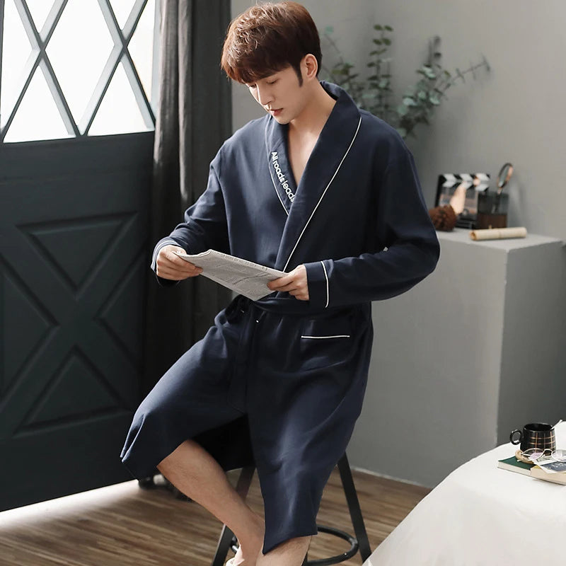Men's Pure Cotton Plaid Kimono Robe | Long Bathrobe Dressing Gown M-4XL