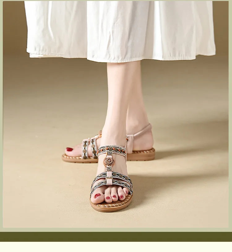 Women's Bohemian Flat Beach Sandals – Anti-Slip Elegant One-Line Sandals