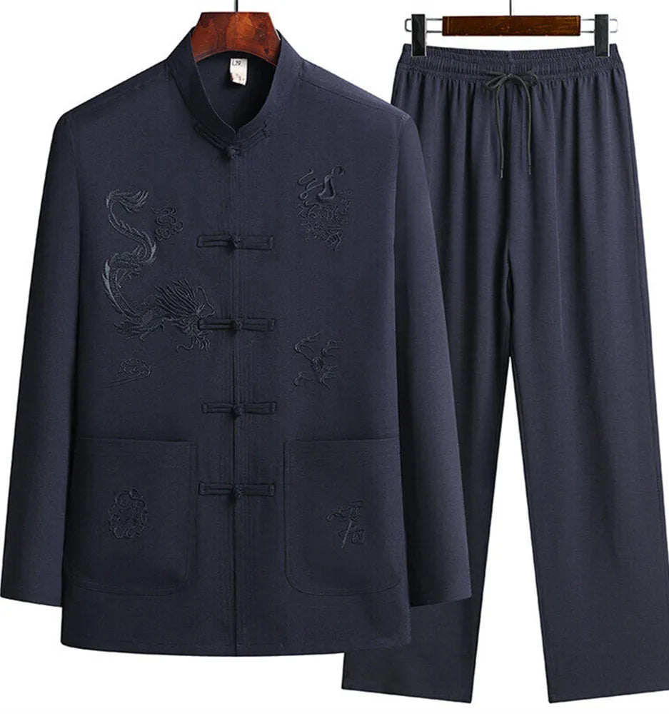 Men's Chinese Style Long Sleeve Shirt & Elastic Waist Pants Casual Set