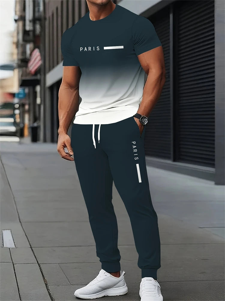 Men's Letter Print Round Neck Short Sleeve & Drawstring Long Pants Plus Size 2-Piece Outfit