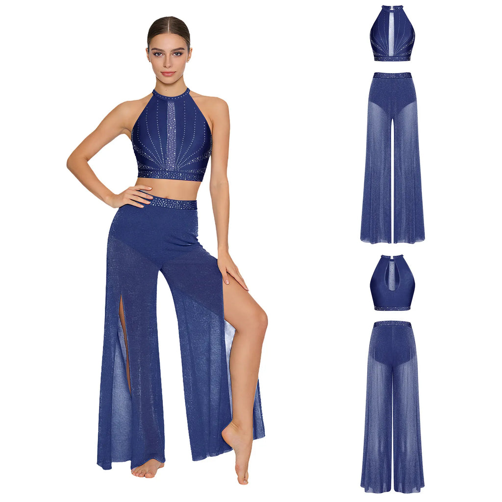 Women's Dance Performance Costume – Shiny Crop Top & Sheer Pants for Skating, Gymnastics & Ballet
