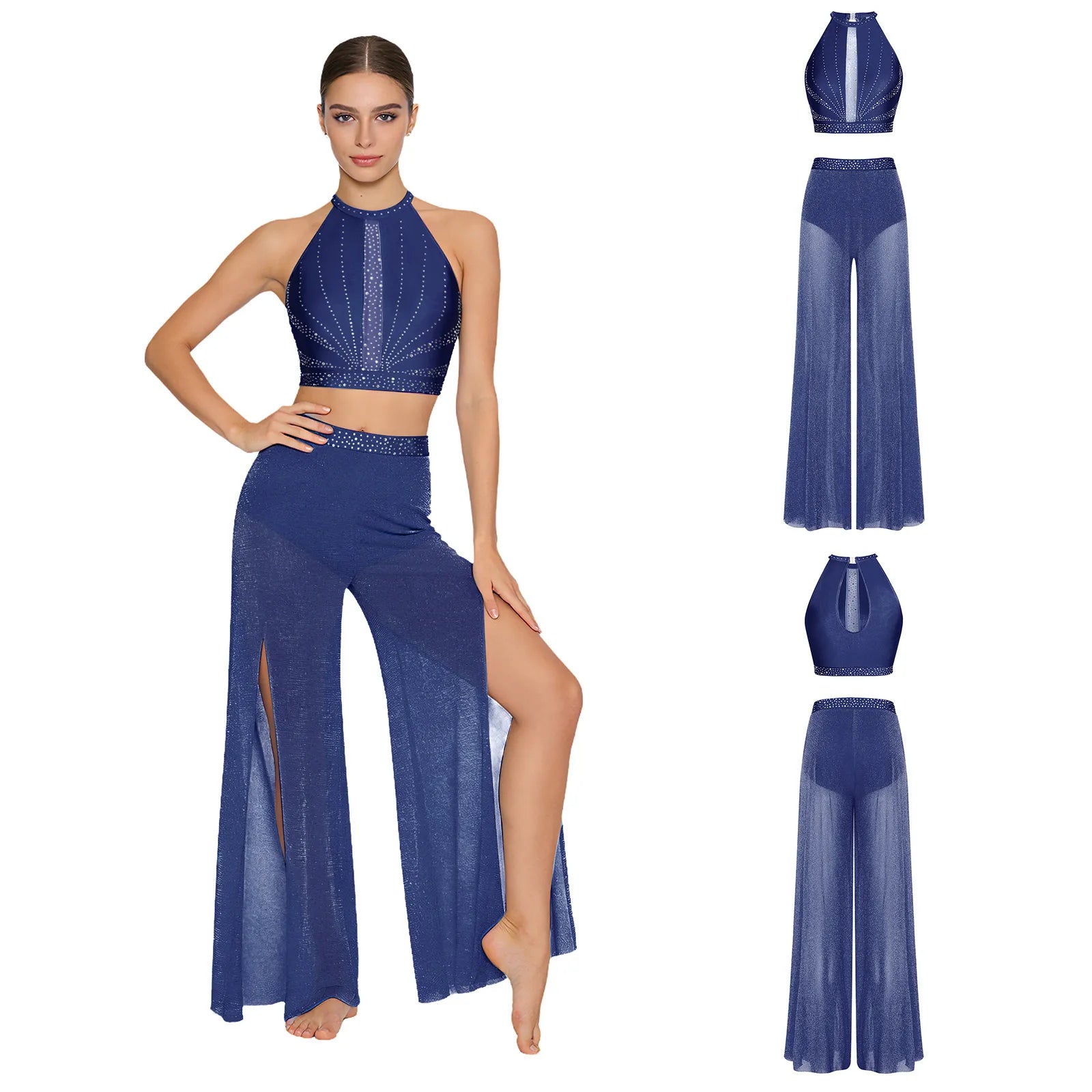 Women's Dance Performance Costume – Shiny Crop Top & Sheer Pants for Skating, Gymnastics & Ballet