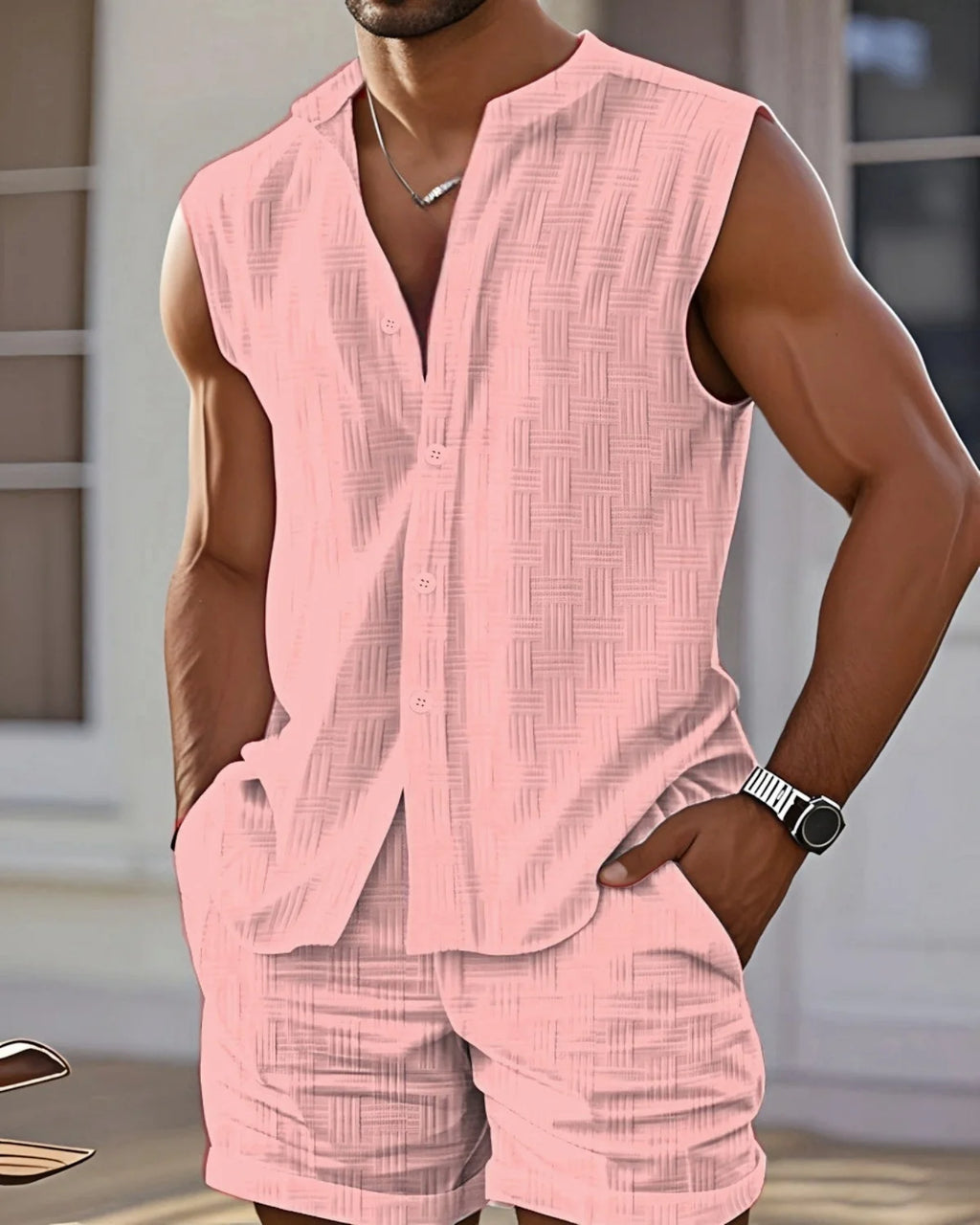 Men's Sleeveless Jacquard Shirt & Shorts Beach Set – Stand-Up Collar Summer Two-Piece