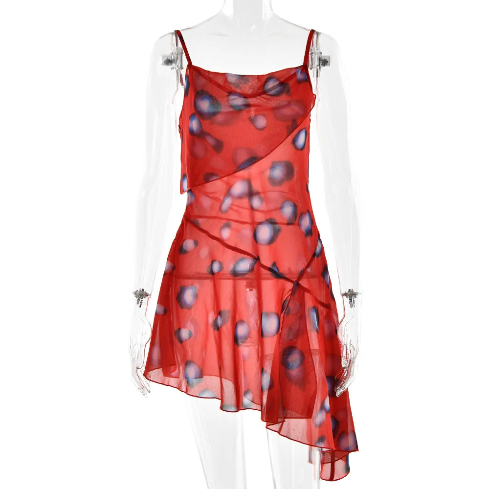 Women's V-Neck Lace-Up Polka Dot Mesh Dress – Flared Sleeve Slim Fit Casual Daily Dress