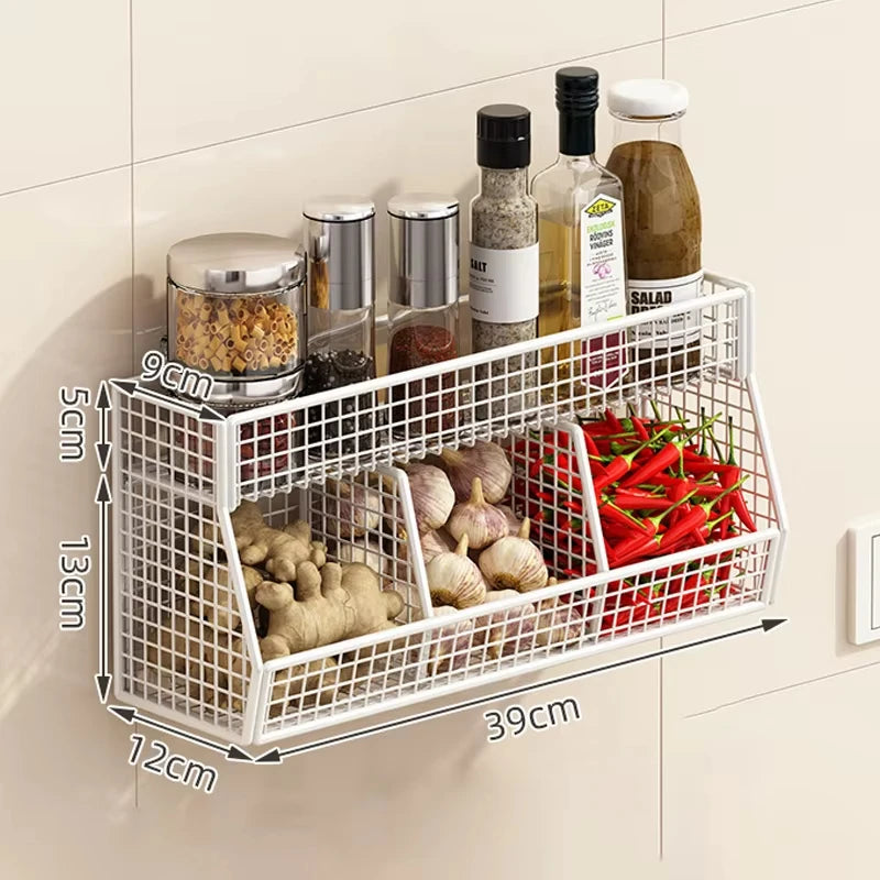 Screwless Wall-Mounted 3-Compartment Kitchen Storage Rack – Multi-Use Iron Organizer for Kitchen & Home