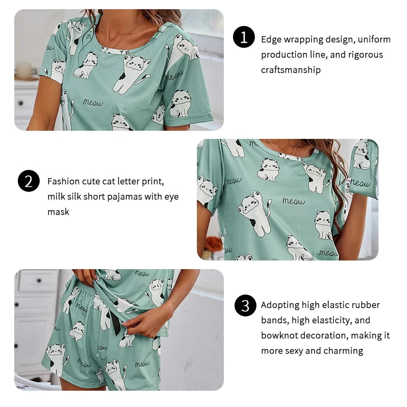 Cartoon Print 2-Piece Pajama Set — Short Sleeve Top & Pants