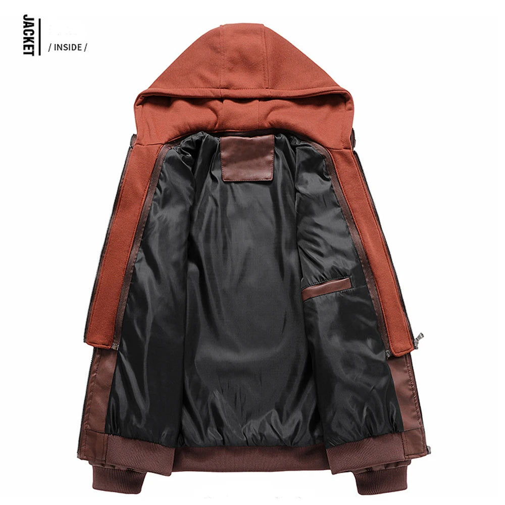 Men's Faux Leather Biker Jacket – Detachable Hood