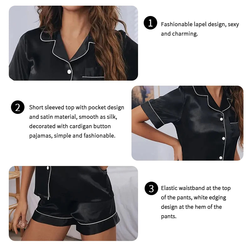 Women's Satin Sleepwear Set | Button Down Top & Shorts 2-Piece Summer Pajamas
