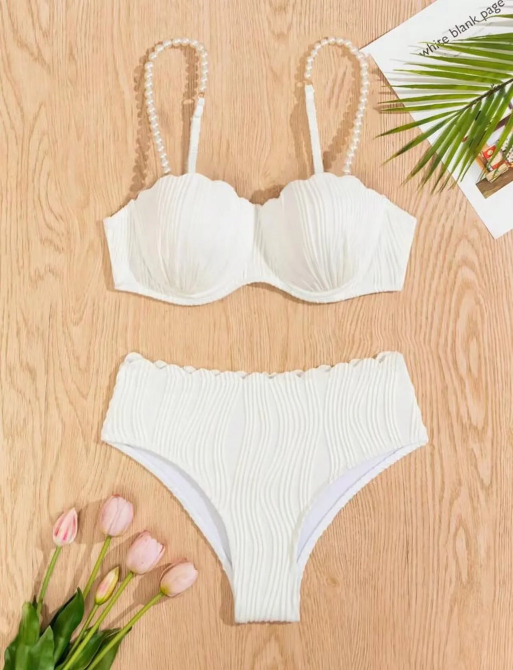 Sexy White & Black Bikini Set | Pearl Strap, Ruffles, Push-Up High Waist, 3-Piece Swimsuit 2025