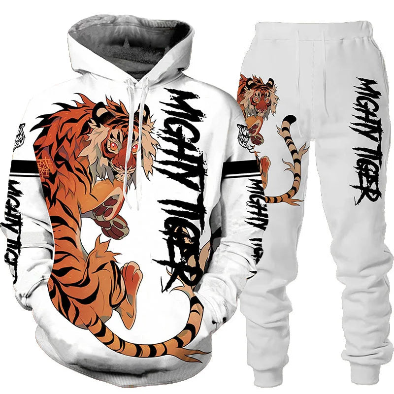 Men's 3D Tiger Print Hoodie & Pants Tracksuit Set – 2-Piece Sportswear