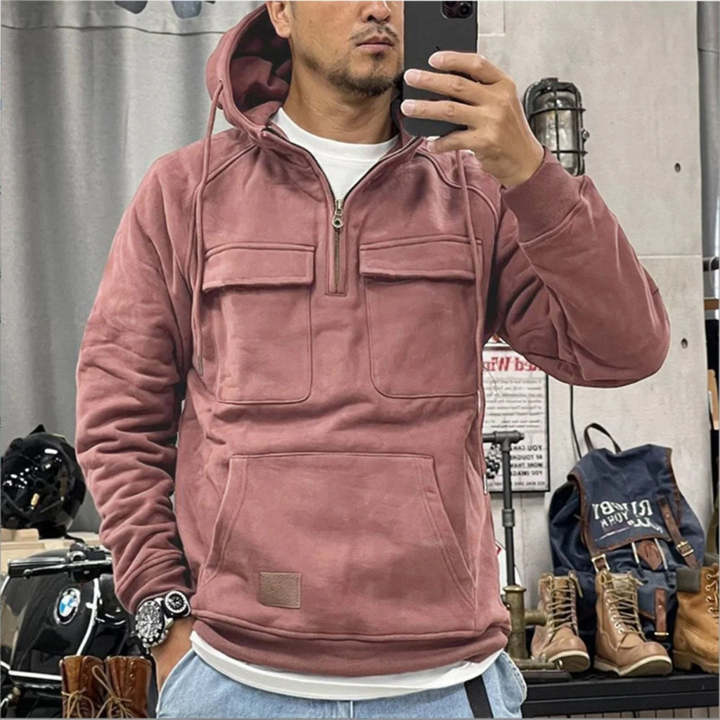 Men's Multi-Pocket Patch Hoodie Pullover — Casual Solid Color Hooded Shirt