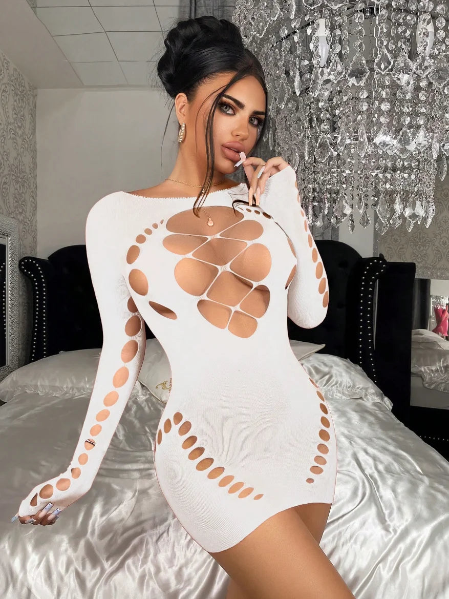 Women's Halter Neck Cut-Out Fishnet Bodycon Dress – Sexy Lingerie Evening Nightgown