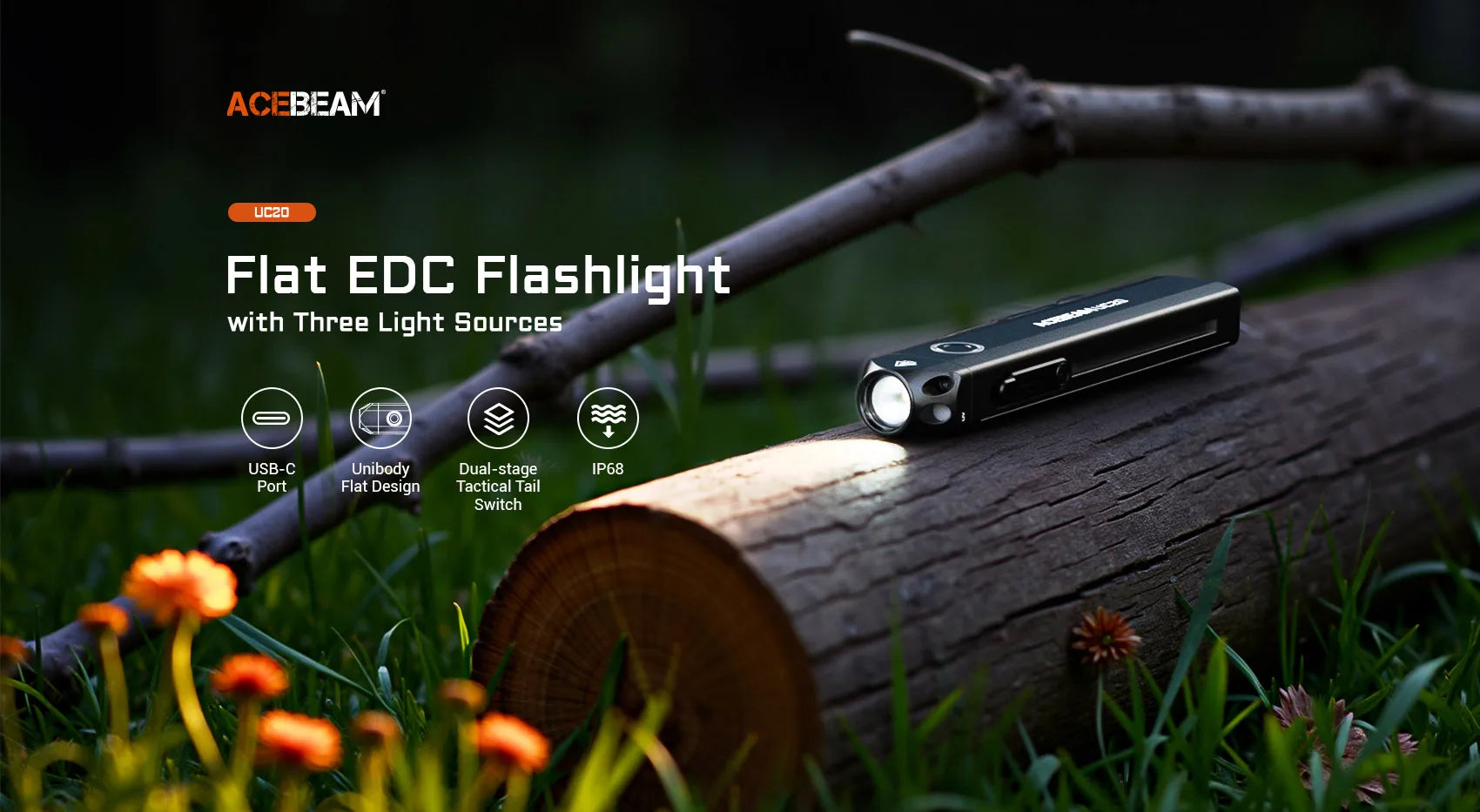 ACEBEAM UC20 – 1000 Lumen 3-in-1 EDC Flashlight, White/Red/UV, IP68 Waterproof, USB-C Rechargeable