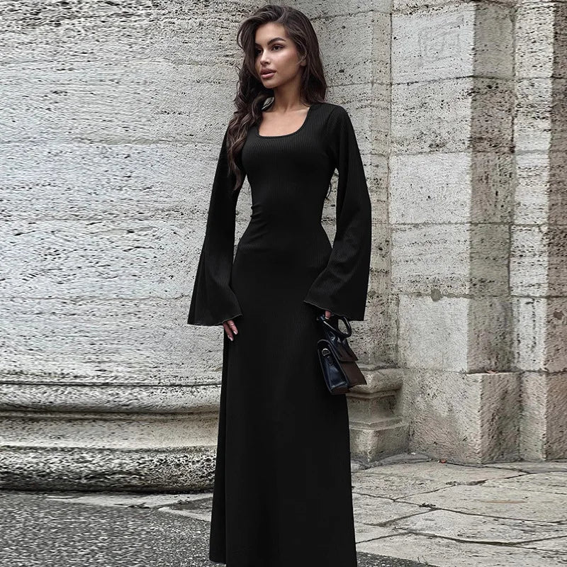 Long Flare Sleeve Maxi Dress — Slim Lace-Up Floor-Length Casual Office Dress