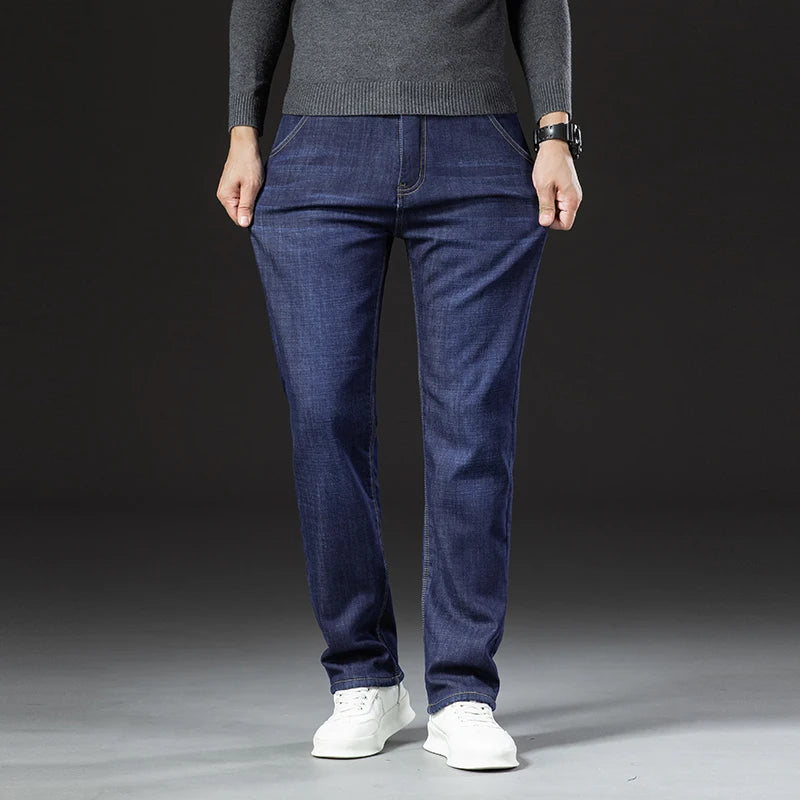 Men's Fleece-Lined Straight Denim Jeans — Warm Thick Winter Stretch Jeans