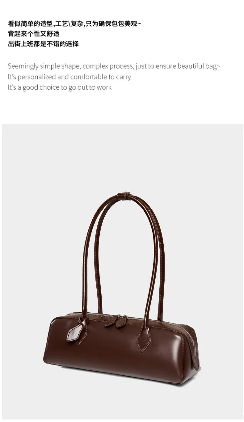 Vintage Genuine Leather Baguette Shoulder Bag – Korean Luxury Underarm Handbag for Women