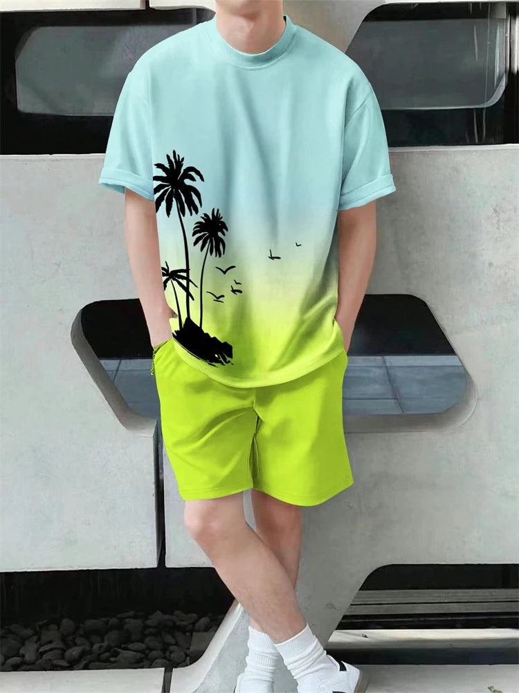 Men's Hawaiian Gradient Coconut Print T-Shirt & Pants 2-Piece Set – Beach Summer Sport