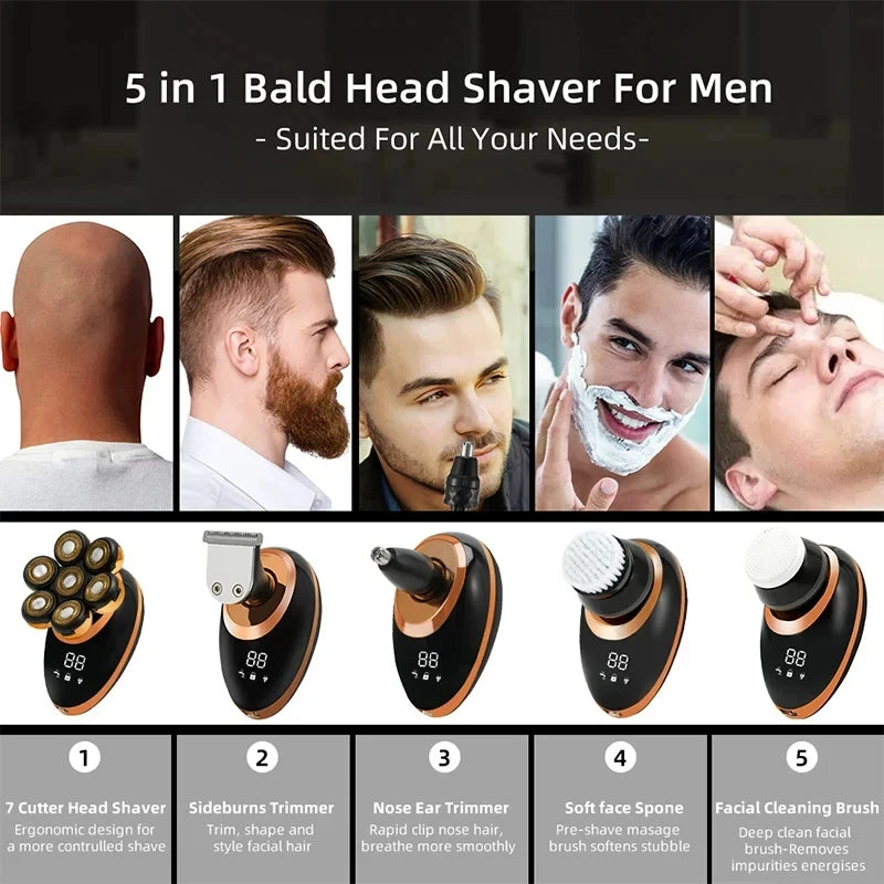 7D Floating Head Electric Shaver for Men – Wet/Dry Rotary Razor with LCD Display & Bald Head Trimmer