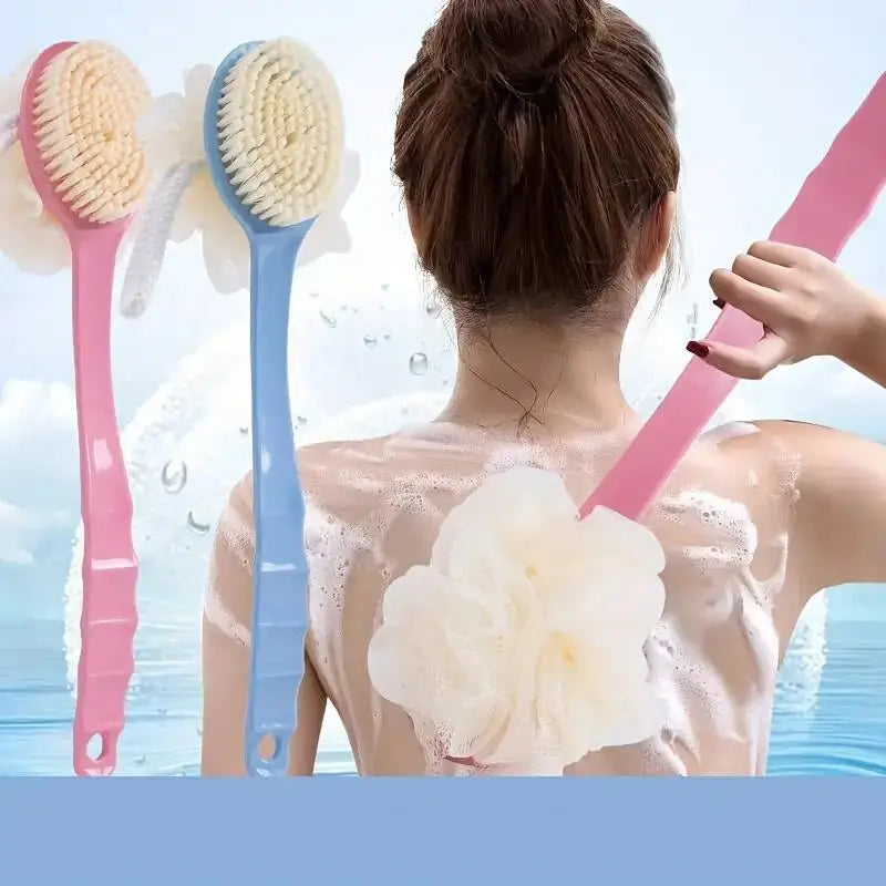 Soft Loofah & Bristles Bath Body Brush — Long Handle Shower Brush for Body, Face & Spa Washing