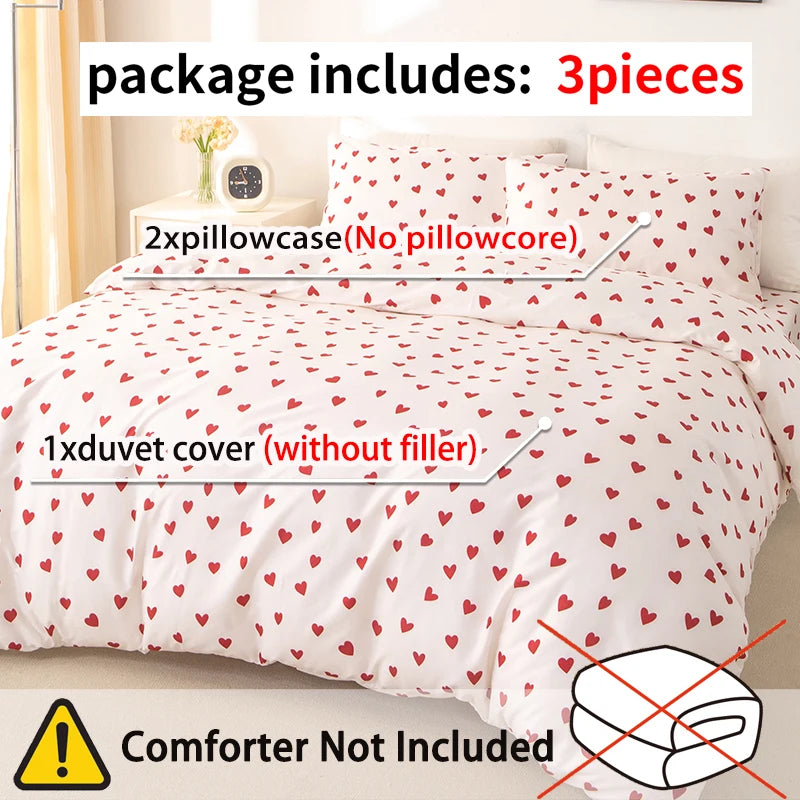 Red Heart Print Duvet Cover Set – 3-Piece Soft Skin-Friendly Bedding with Pillowcases, Twin to King