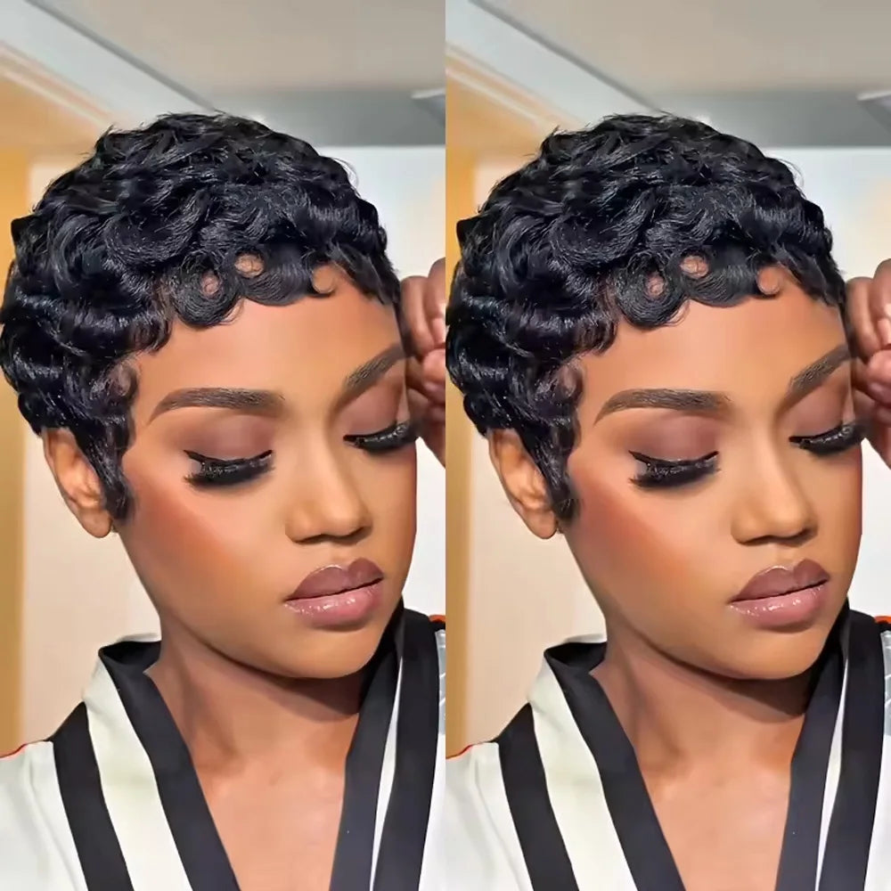 Women's Human Hair Pixie Cut Wig full machine made - Short Layered Curly with Bangs, Natural Black 250% Density