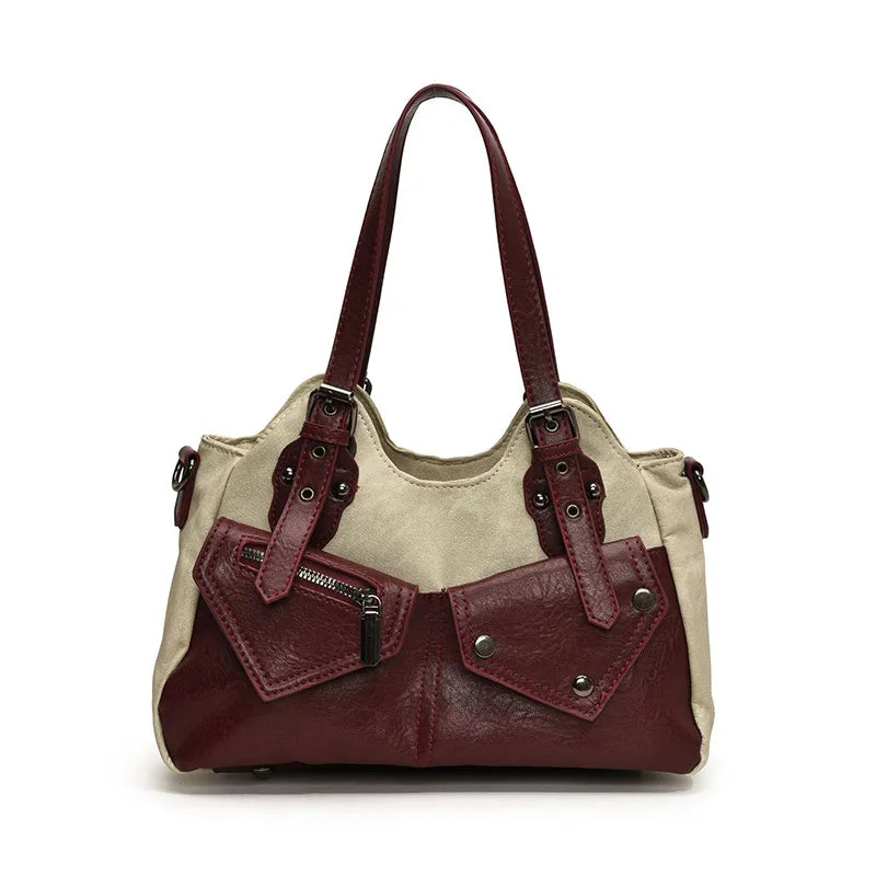 Retro Color-Block Satchel Shoulder Bag – European Style PU Leather Tote Handbag for Women