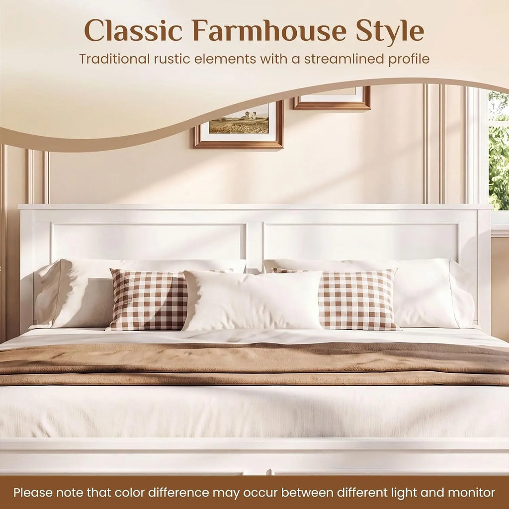 Farmhouse Solid Wood Full Size Bed Frame with Headboard – Platform Bed, Wooden Slat Support, No Box Spring Needed