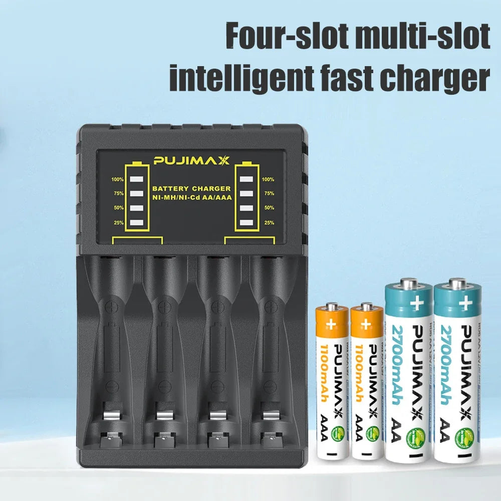 AA/AAA Battery Charger – 4-Slot Intelligent LED Indicator, USB-C & Micro for NiMH/NiCd Rechargeable Batteries