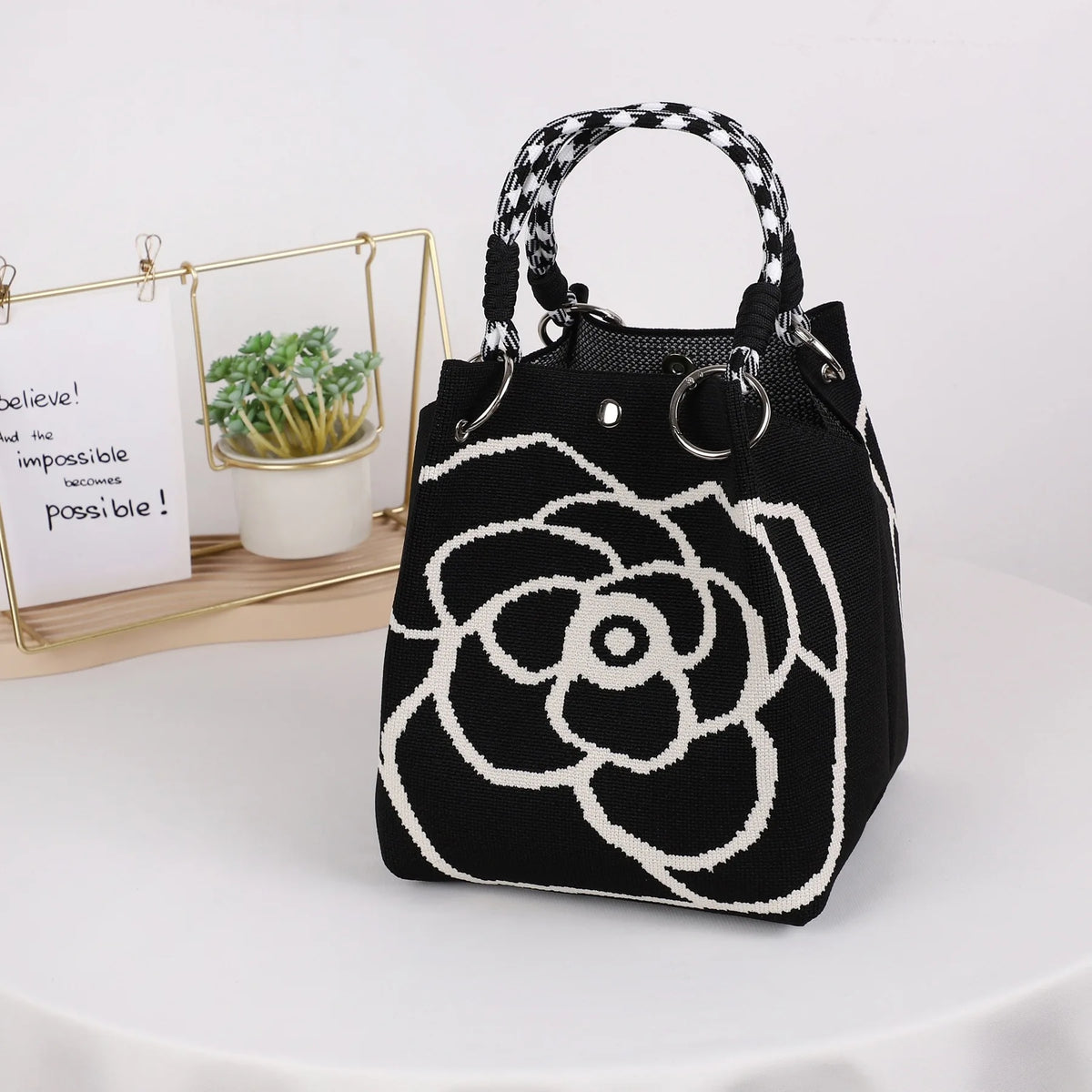 Mini Knitted Geometric Colorblock Bucket Bag – Detachable Handle Wristlet Purse for Women
