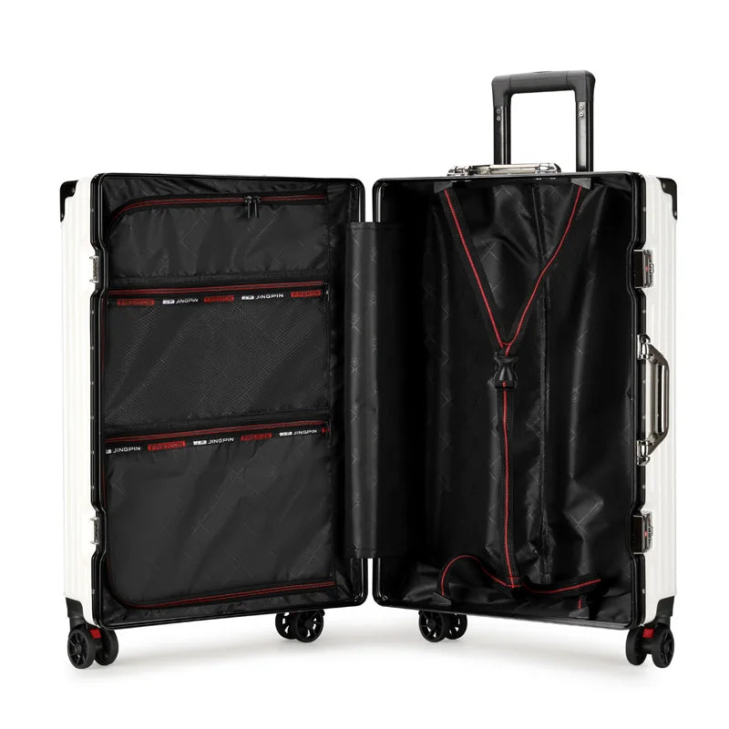 Aluminum Frame Leather Trolley Case — 20"/24"/26"/28" Universal Wheels