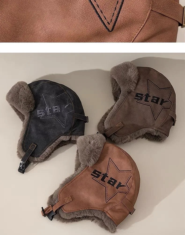 Faux Leather Trapper Hat with Plush Lining and Ear Flaps