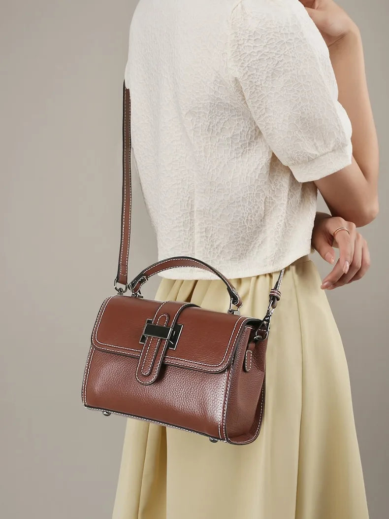 Genuine Cow Leather Square Satchel Shoulder Bag – All-Match Crossbody Messenger Handbag for Women