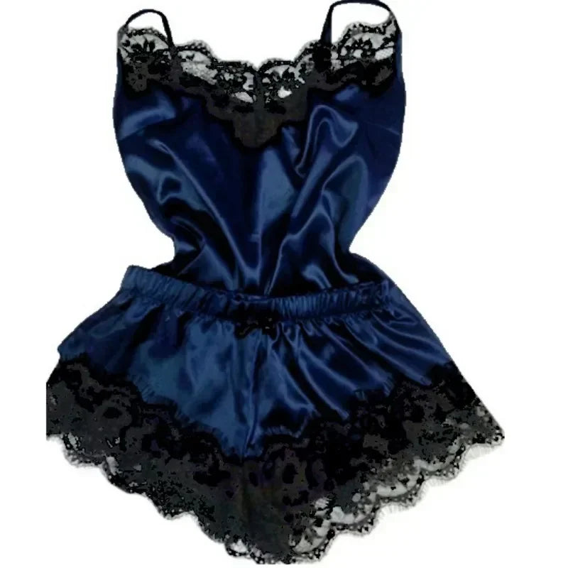 Women's Summer Lace Silk Pajama Set | Cami Top & Shorts Sexy Lingerie Sleepwear