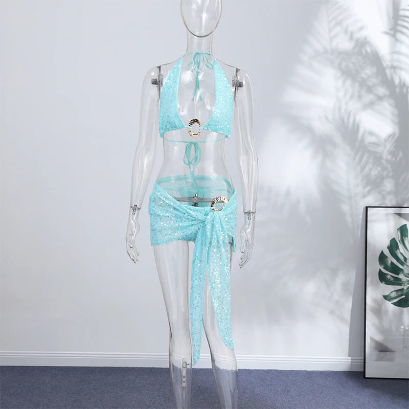 Shiny Sequins Bikini Suit | 3-Piece Hollow-Out Halter, Lace-Up Corset & Mini Skirt, 2026 Summer Beachwear