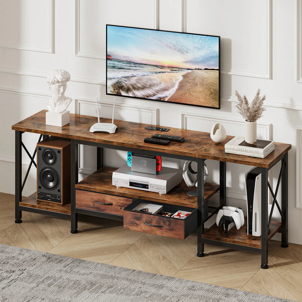 Wooden TV Stand for 70"/75" TVs — Media Console with Charging Station, Drawers & Shelves