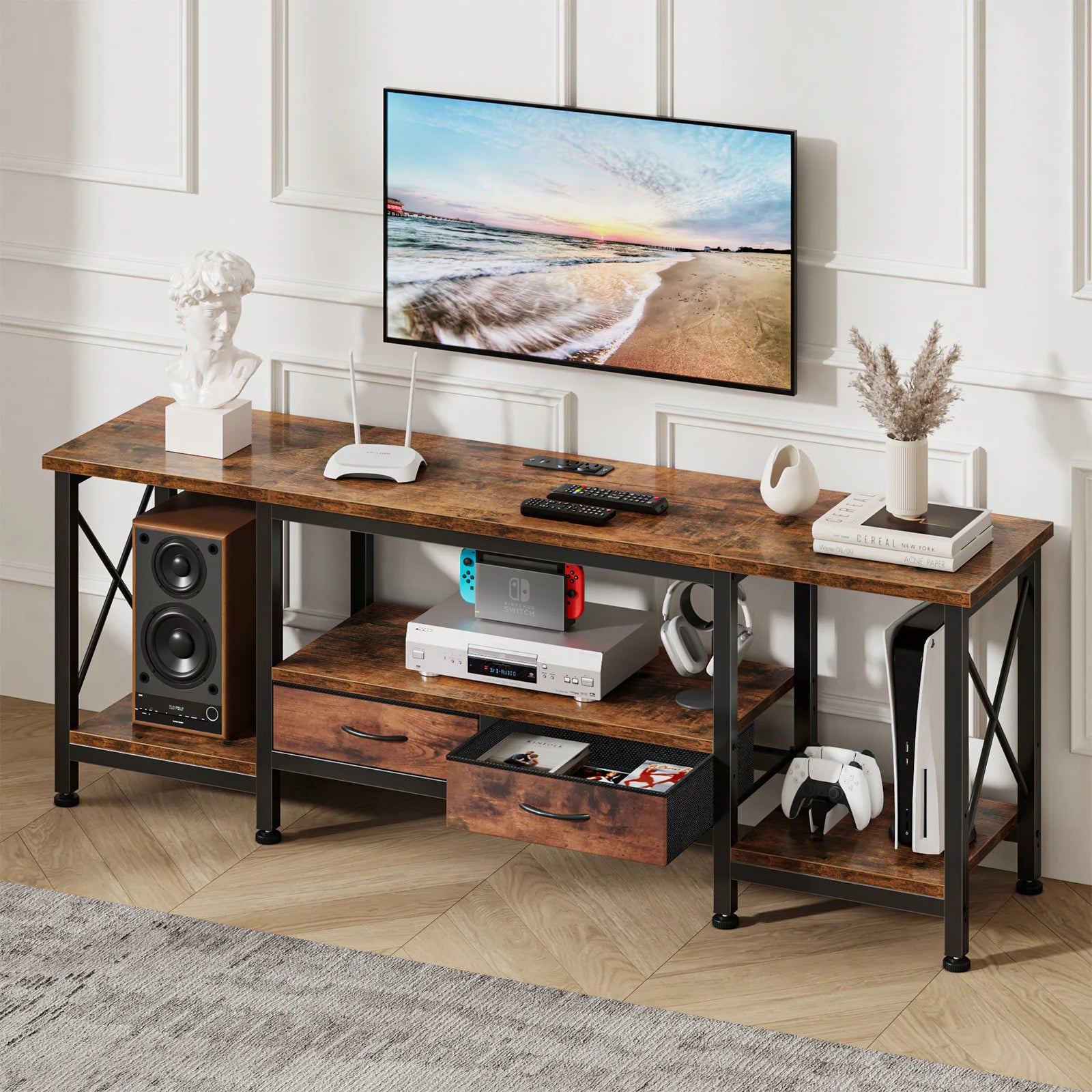 Wooden TV Stand for 70"/75" TVs — Media Console with Charging Station, Drawers & Shelves