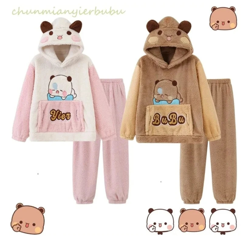 Kawaii Panda Bubu & Dudu Coral Fleece Lovers Pajamas | Cartoon Autumn Winter Sleepwear