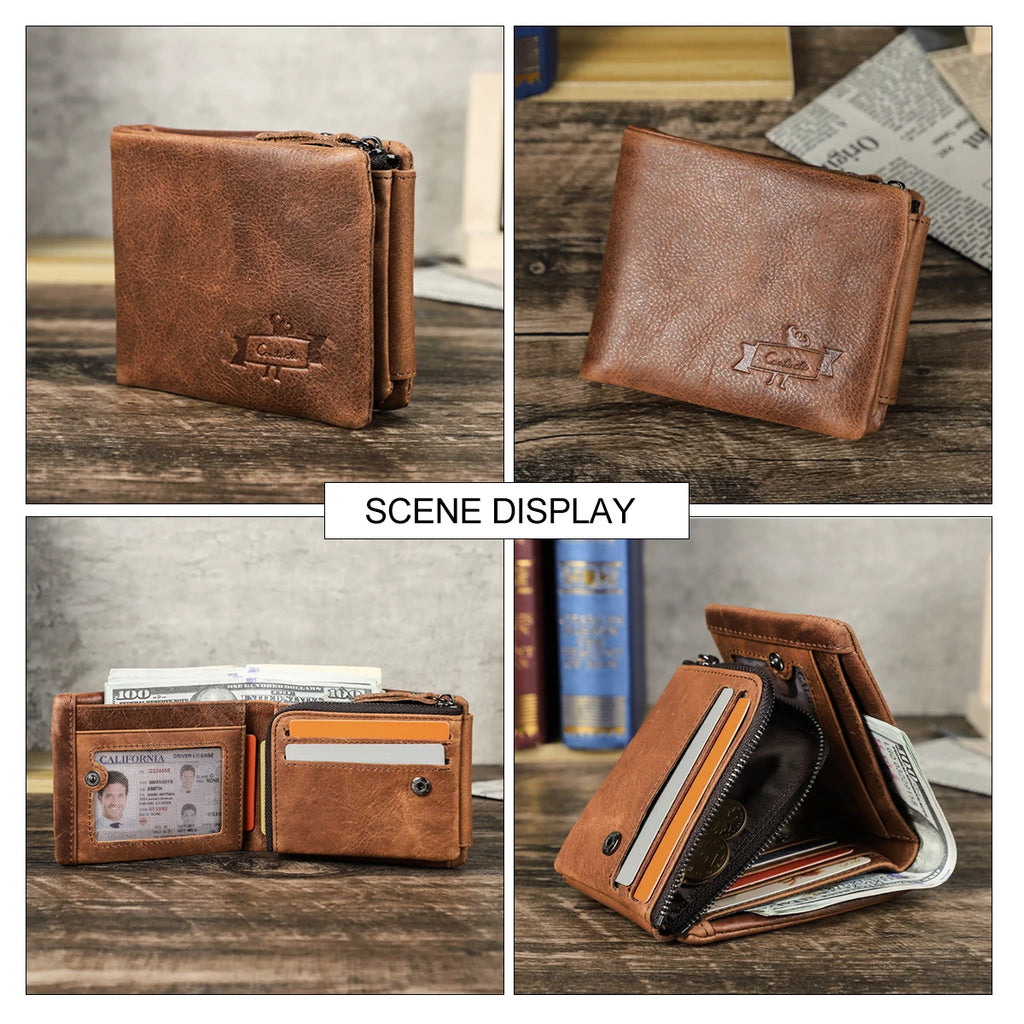 Genuine Cowhide Leather Men's Trifold Wallet – Vintage Crazy Horse Leather Zip Coin Pocket Purse