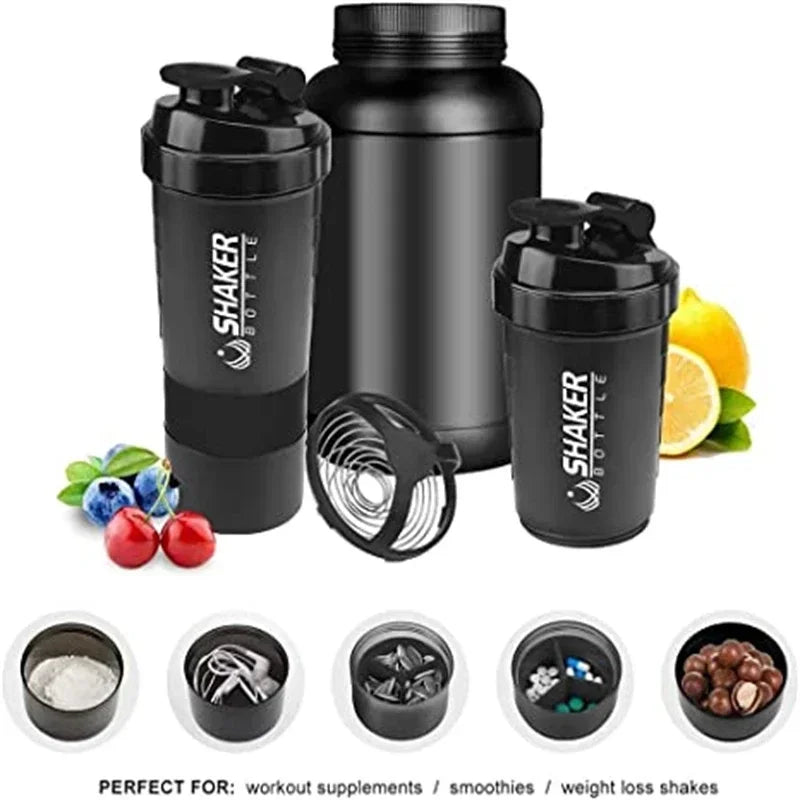 500ml Portable Protein Shaker Bottle with Powder Storage & Wire Whisk Ball – Gym & Sport Mixer Cup
