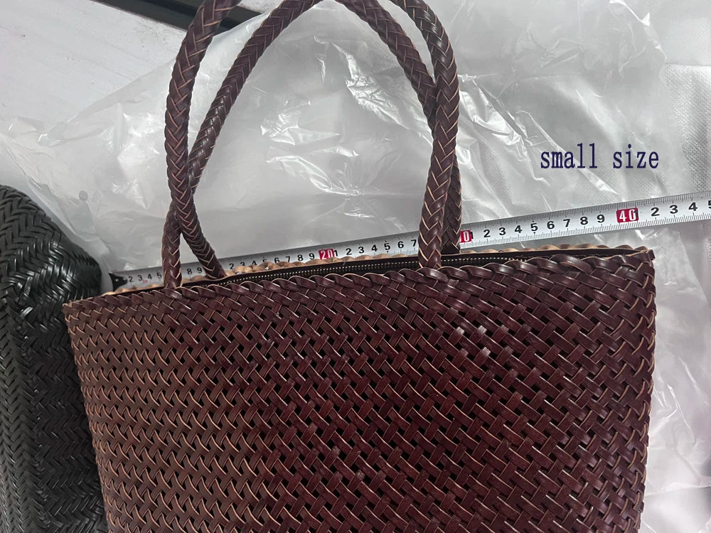 Handmade Woven Cowhide Leather Bucket Tote Bag – Romantic Beach Shoulder Handbag for Women