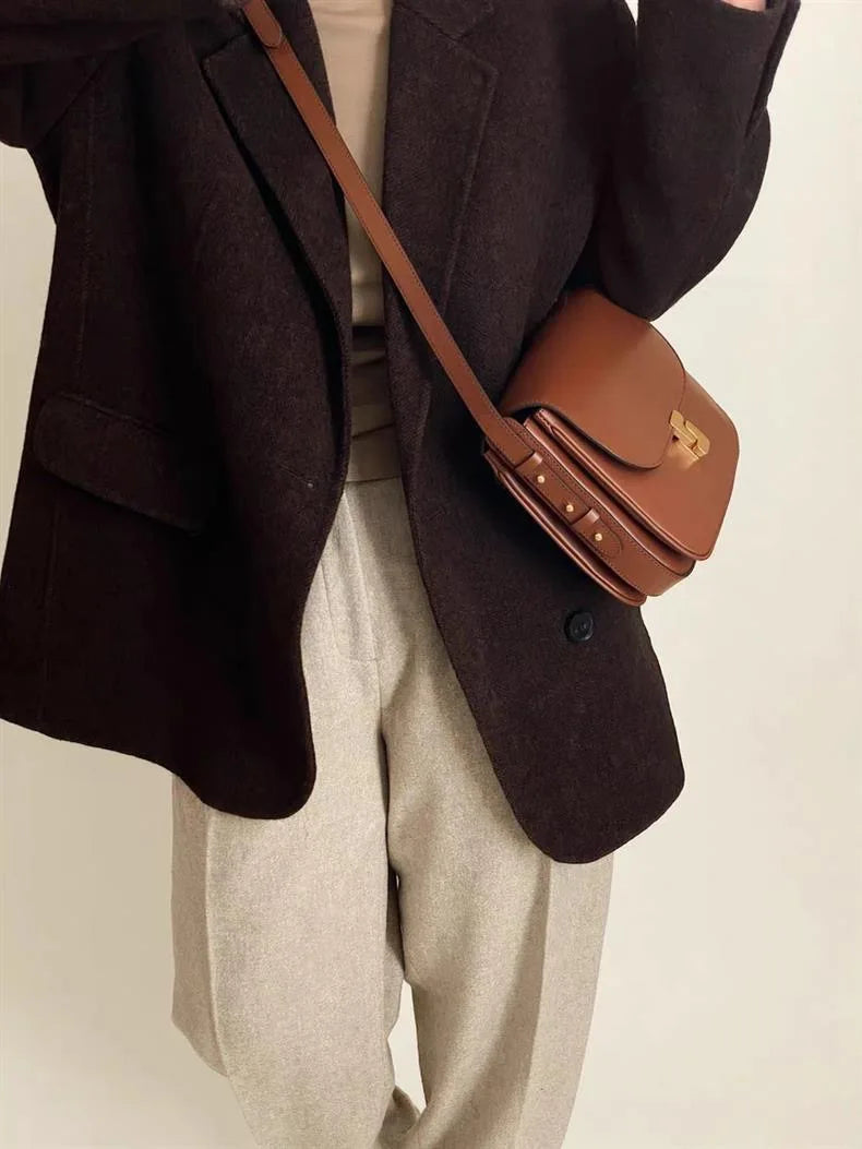 French Niche Top-Grain Genuine Leather Small Square Shoulder Bag – Luxury Crossbody Satchel for Women