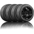 Four black tires arranged in a row, with the front tire mounted on a black multi-spoke wheel, shown on a white background with a reflective floor.