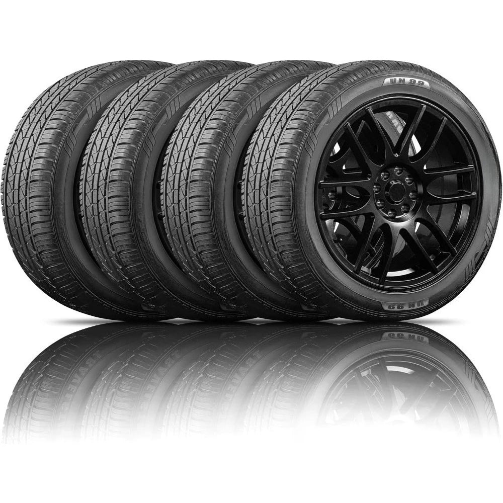 Four black tires arranged in a row, with the front tire mounted on a black multi-spoke wheel, shown on a white background with a reflective floor.